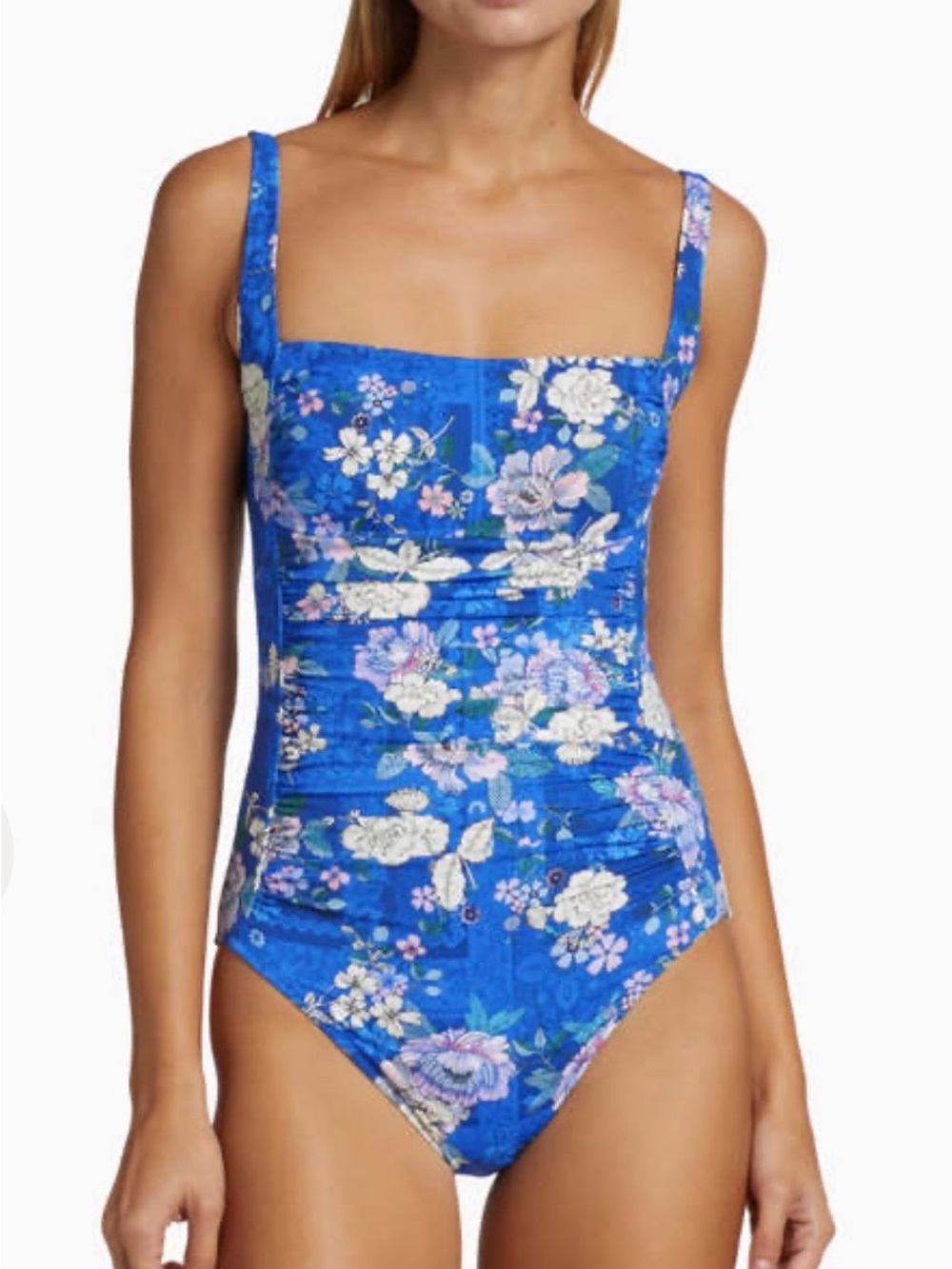 Johnny Was Cobalt Blue Floral Square-Neck One-Piece size M